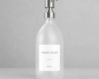 Frosted Clear Glass Soap Dispenser - Refillable Coloured Bottle With Metal Pump & Label | For Shampoo, Conditioner, Hand Cream
