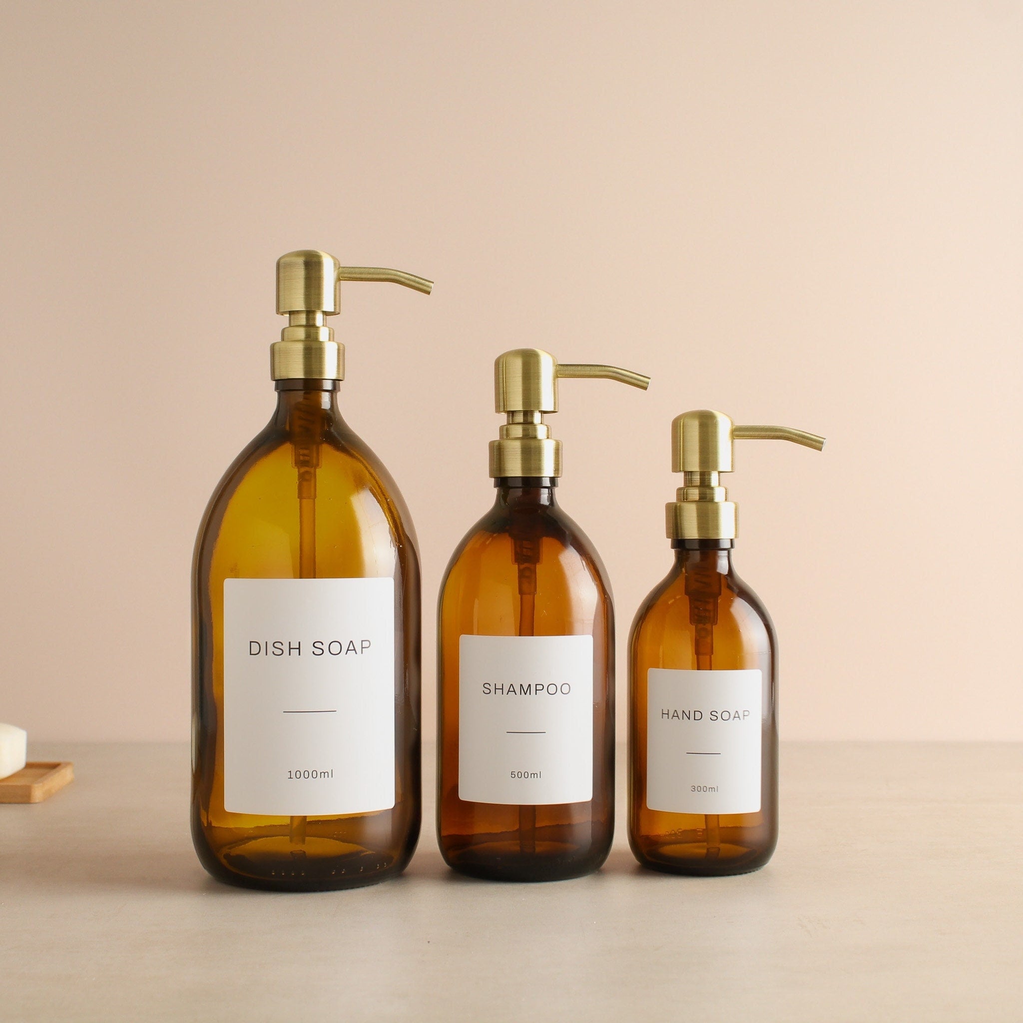Amber Glass Bottle - Labelled Refillable Bottle With Brass/Gold Pump Dispenser & Label | For Shampoo, Hand Soap, Cream, Body Wash | Reuse