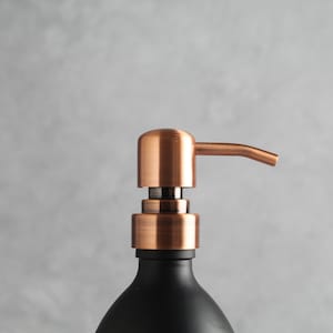 May include: A black soap dispenser with a copper pump top. The pump has a long, curved spout.
