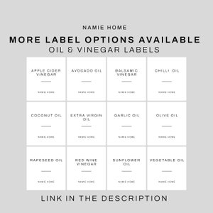 May include: A grid of 12 white squares with black text, each square showing a different oil or vinegar label option. The text includes "Apple Cider Vinegar", "Avocado Oil", "Balsamic Vinegar", "Chili Oil", "Coconut Oil", "Extra Virgin Oil", "Garlic Oil", "Olive Oil", "Rapeseed Oil", "Red Wine Vinegar", "Sunflower Oil", and "Vegetable Oil". The text "NAMIE HOME" appears below each label.