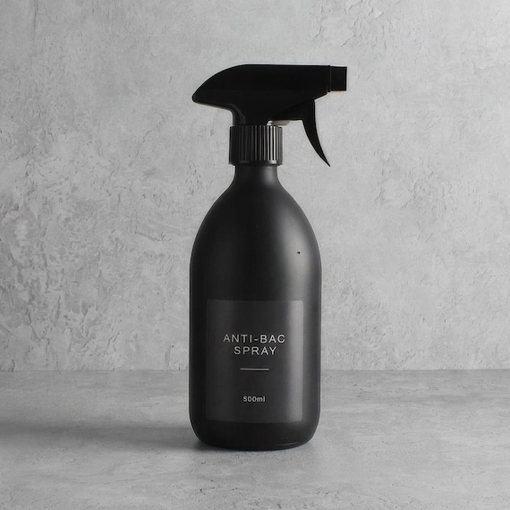 bac water 120ml Matte Black Glass Spray Bottle - Refillable Coloured Trigger Spray Bottle & Label | Kitchen Bathroom Accessories for Cleaning and Plants