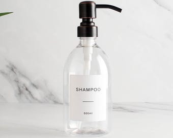 Clear Plastic Soap Dispenser - Labelled Refillable Bottle With Metal Black & Copper Pump | For Shampoo, Hand Soap, Cream, Body | Reuse