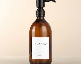 Amber Glass Soap Dispenser - Labelled Refillable Bottle With Metal Black & Copper Pump | For Shampoo, Hand Soap, Cream, Body | Reuse