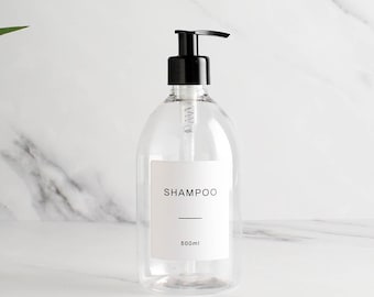 Dispenser di sapone in plastica trasparente - Flacone ricaricabile etichettato con pompa in plastica nera / Per shampoo, sapone per le mani, crema, bagnoschiuma / Riutilizzabile