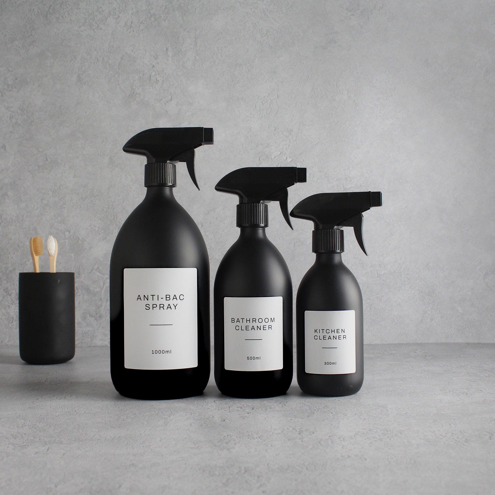 Matte Black Glass Spray Bottle - Refillable Coloured Trigger Spray Bottle & Label | Kitchen Bathroom Accessories For Cleaning And Plants