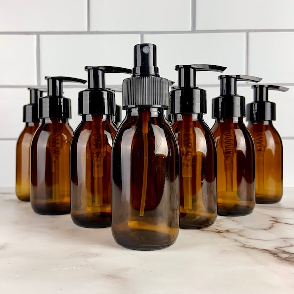 Amber Travel Bottles - Pump Dispenser Or Atomiser Spray | Glass/Plastic | Holiday Bottle Set For Toiletries, Shampoo, Body Wash | Eco Reuse