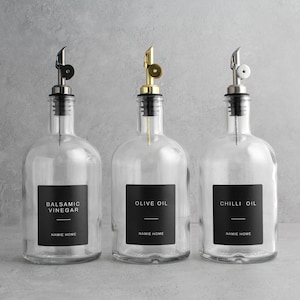 Clear Tall Neck Glass Oil Bottle 700ml Labelled - Refillable Dispenser Pourer For Kitchen Storage | Eco Friendly Home Decor