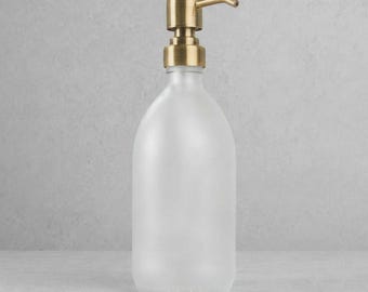Frosted White Glass Soap Dispenser - Refillable Bottle With Metal Gold Pump | For Shampoo, Hand Soap, Cream, Body | Reuse