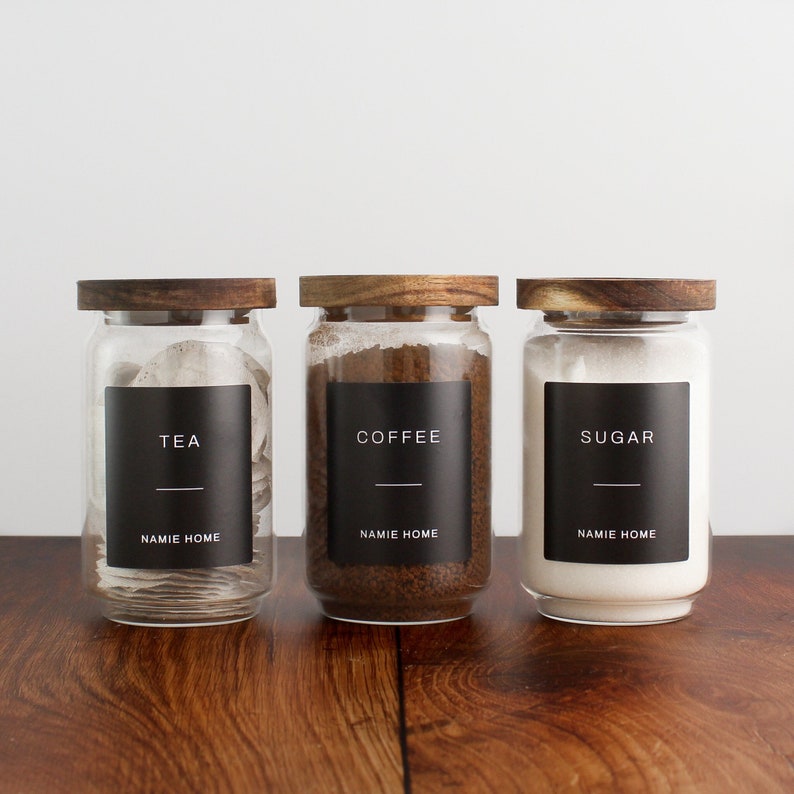 tea coffee sugar set of 3 glass storage jars with black label for kitchen pantry organisation