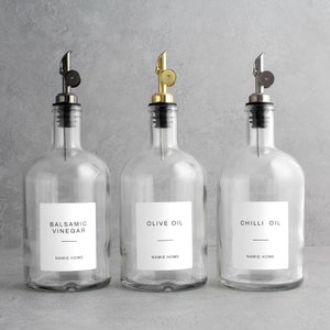 Clear Tall Neck Glass Oil Bottle 700ml Labelled - Refillable Dispenser Pourer For Kitchen Storage | Eco Friendly Home Decor