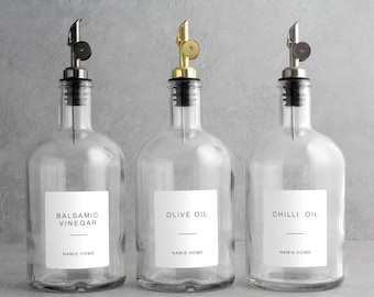Bottiglia per olio in vetro trasparente a collo alto da 700 ml con etichetta - Dispenser ricaricabile per la conservazione in cucina / Decorazione ecologica per la casa