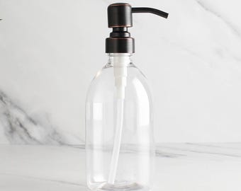 Dispenser di sapone in plastica trasparente - Flacone ricaricabile con pompa in metallo nero e rame / Per shampoo, sapone per le mani, crema, bagnoschiuma / Riutilizzabile