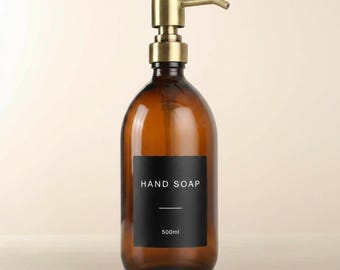 Amber Glass Soap Dispenser - Labelled Refillable Bottle With Metal Gold Pump | For Shampoo, Hand Soap, Cream, Body | Reuse