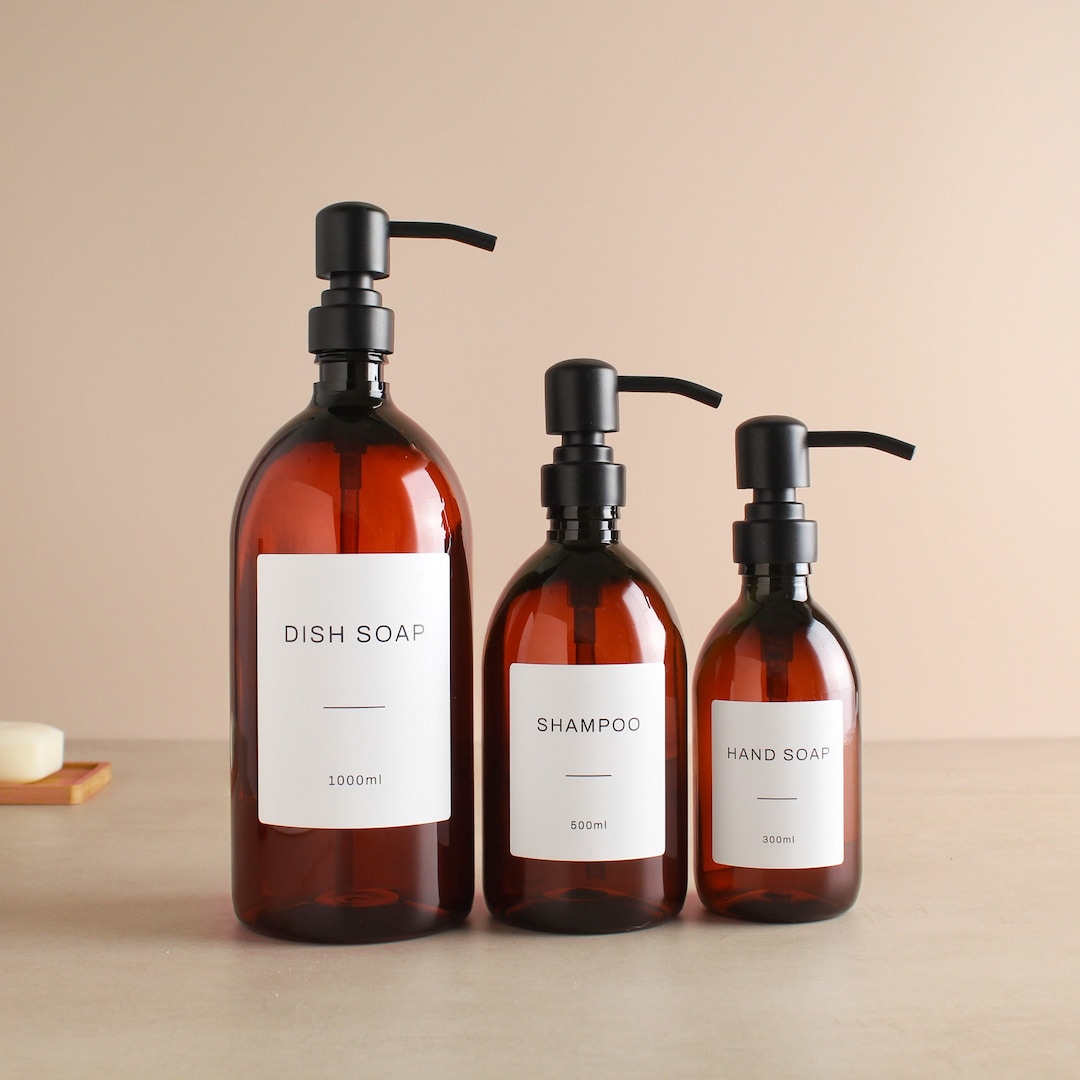 Amber Plastic Bottle Labelled Refillable Bottle With Metal Matte Black Pump Dispenser for Shampoo, Hand Soap, Cream, Body Wash... 