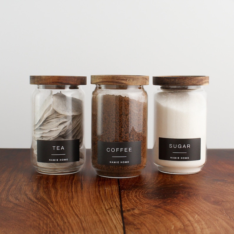 tea coffee sugar set of 3 storage jars for pantry organisation with black label