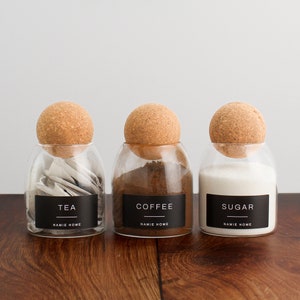 Tea Coffee Sugar Set of 3 Cork Ball Glass Jars - 500ml Storage Canisters With Black Waterproof Label | Kitchen Pantry Organisation image 5