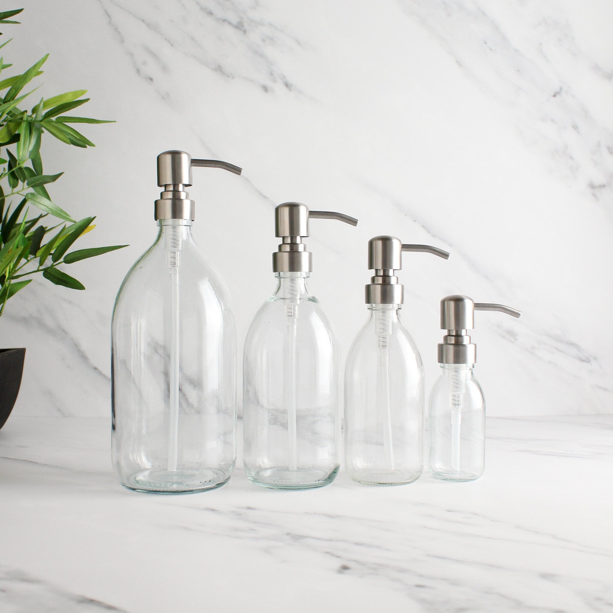 Clear Glass Bottle - Refillable Bottle With Metal Silver Pump Dispenser | For Shampoo, Hand Soap, Hand Cream, Body Wash | Eco Friendly Reuse