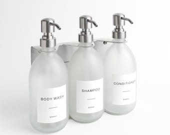 Wall Mounted Frosted White Glass Dispensers Set of Three - Premium Stainless Steel Triple Bracket Bottle Holder For Body, Shampoo Label