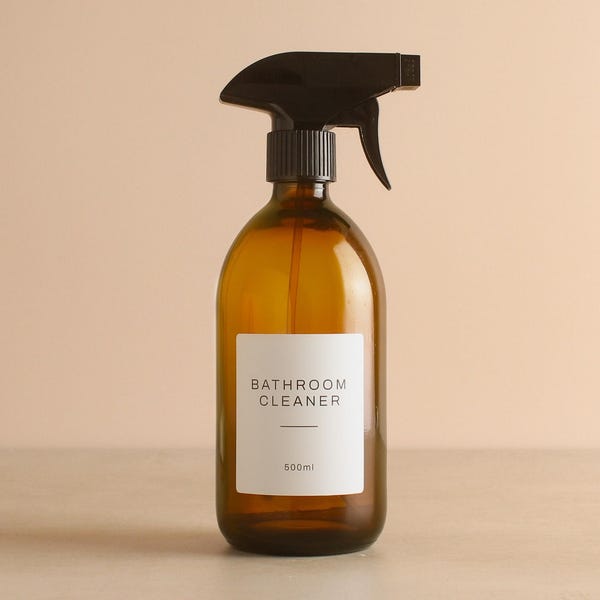 Botella pulverizadora de vidrio ámbar / Botella recargable con etiqueta y tapa con pulverizador / Accesorios de cocina y baño para la limpieza / Ecológica