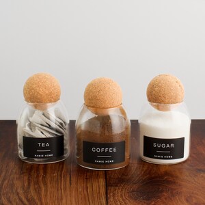 Tea Coffee Sugar Set of 3 Cork Ball Glass Jars - 500ml Storage Canisters With Black Waterproof Label | Kitchen Pantry Organisation image 3