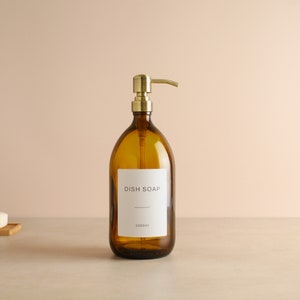 Amber Glass Bottle Labelled Refillable Bottle With Brass/Gold Pump Dispenser & Label For Shampoo, Hand Soap, Cream, Body Wash Reuse image 2