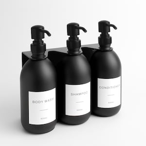Zestaw trzech dozowników ściennych w kolorze matowej czerni - Premium ze stali nierdzewnej z potrójnym uchwytem na butelkę z pompką do szamponu, mydła w płynie