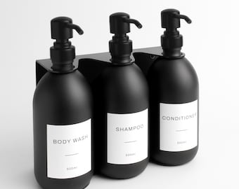 Wall Mounted Matte Black Dispensers Set of Three - Premium Stainless Steel Triple Bracket Pump Bottle Holder For Shampoo, Body Wash Label