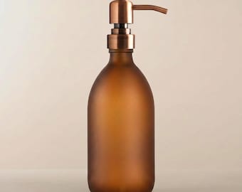 Frosted Amber Glass Soap Dispenser - Refillable Bottle With Metal Rose Gold Pump | For Shampoo, Hand Soap, Cream, Body | Reuse