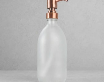 Frosted White Glass Soap Dispenser - Refillable Bottle With Metal Rose Gold Pump | For Shampoo, Hand Soap, Cream, Body | Reuse