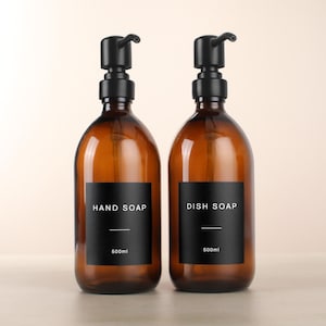 Set of 2 Hand Soap & Dish Soap Amber Glass Bottle - Refillable Brown Dispenser And Pump With Black Waterproof Label | Eco Friendly Refill