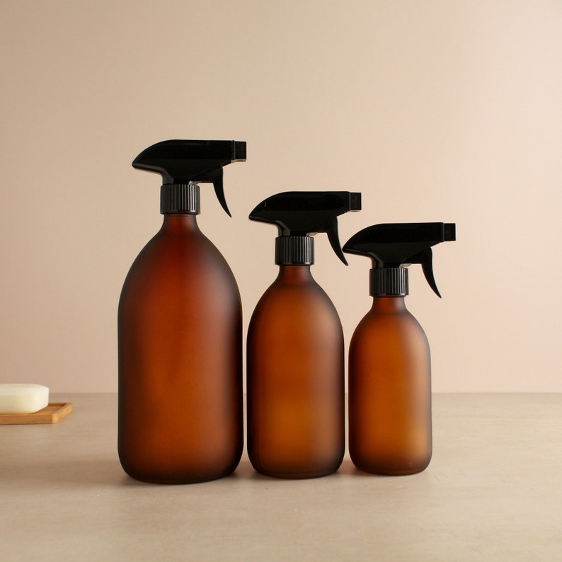Frosted Amber Glass Spray Bottle - Refillable Coloured Trigger Spray Bottle | Kitchen Bathroom Accessories For Cleaning And Plants | Reuse
