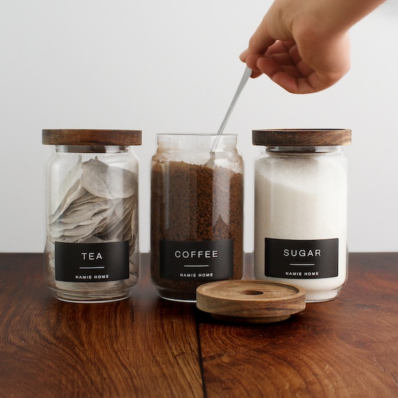 Tea Coffee Sugar Set of Glass Jars 750ml Storage Canisters With Black  Waterproof Label Airtight Acacia Lid Pantry Organisation