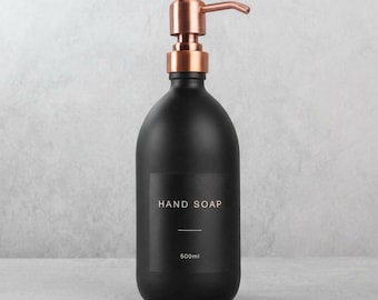 Matte Black Glass Soap Dispenser - Labelled Refillable Bottle With Metal Rose Gold Pump | For Shampoo, Hand Soap, Cream, Body | Reuse