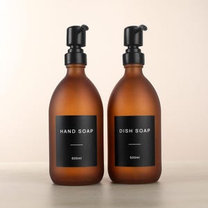 Set of 2 Hand Soap & Dish Soap Frosted Amber Glass Bottle - Refillable Brown Dispenser And Pump With Black Waterproof Label | Eco Friendly