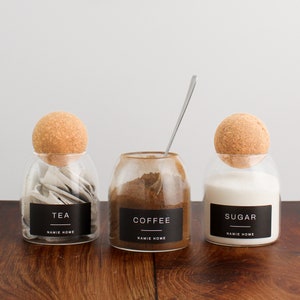 Tea Coffee Sugar Set of 3 Cork Ball Glass Jars - 500ml Storage Canisters With Black Waterproof Label | Kitchen Pantry Organisation image 2