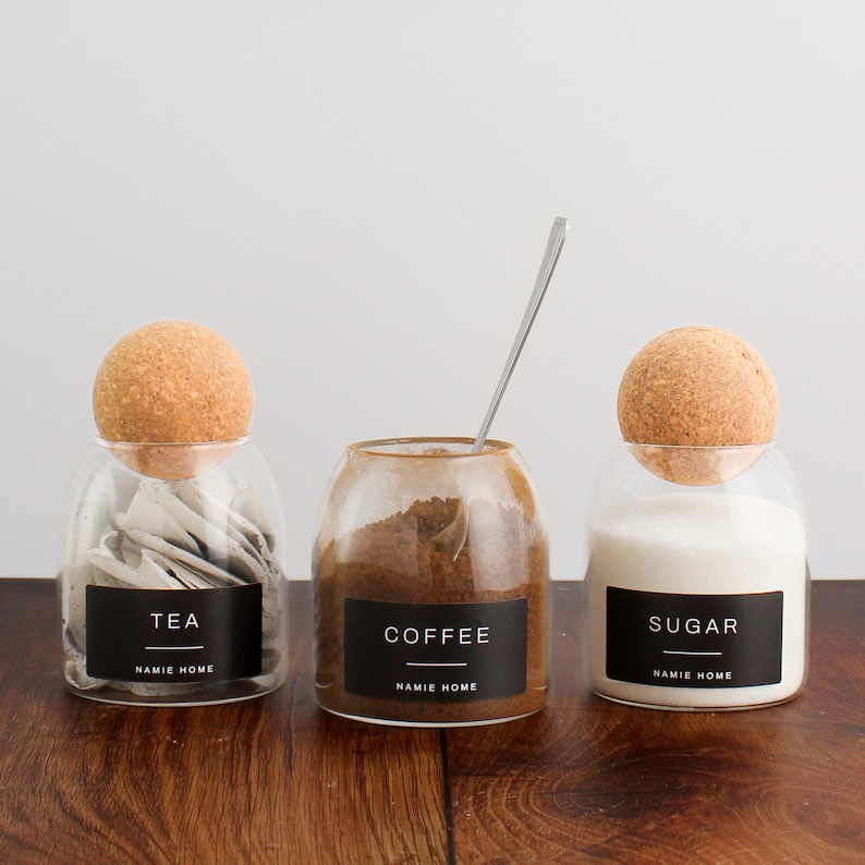 Tea Coffee Sugar Set of 3 Cork Ball Glass Jars - 500ml Storage Canisters With Black Waterproof Label | Kitchen Pantry Organisation image 2