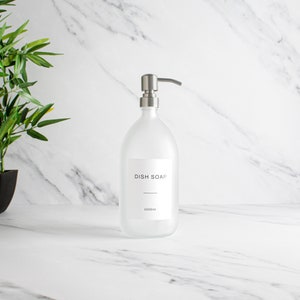 Frosted Clear Glass Bottle Refillable Coloured Soap Dispenser With Metal Silver Pump & Label For Shampoo, Conditioner, Hand Cream 1000 mL