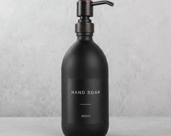 Matte Black Glass Soap Dispenser - Labelled Refillable Bottle With Metal Black & Copper Pump | For Shampoo, Hand Soap, Cream, Body | Reuse