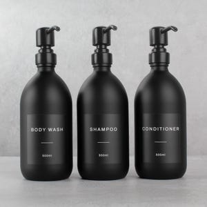 Set of 3 Body Wash Shampoo Conditioner Matte Black Glass Bottle - Refillable Dispenser & Pump With Black Waterproof Label | Eco Friendly image 1