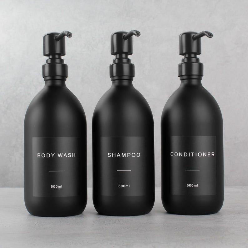 Set of 3 Body Wash Shampoo Conditioner Matte Black Glass Bottle - Refillable Dispenser & Pump With Black Waterproof Label | Eco Friendly image 1