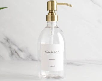 Dispenser di sapone in plastica trasparente - Flacone ricaricabile etichettato con pompa in metallo dorato / Per shampoo, sapone per le mani, crema, bagnoschiuma / Riutilizzabile
