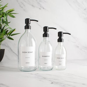 Clear Glass Bottle - Refillable Bottle With Matte Black Pump Dispenser & Label | For Shampoo, Hand Soap, Hand Cream, Body Wash | Eco Reuse