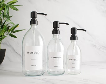 Clear Glass Bottle - Refillable Bottle With Matte Black Pump Dispenser & Label | For Shampoo, Hand Soap, Hand Cream, Body Wash | Eco Reuse