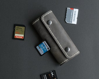 Leather SD Card Holder, Dark Grey, Gift For Photographer