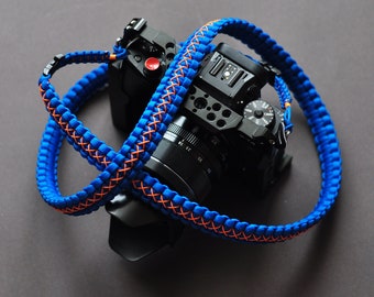 Blue Paracord Camera Strap, Orange pattern, Quick relaese, mirrorless camera, Nikon, Sony, Fujifilm, Canon