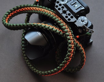 Khaki Paracord Camera Strap, Orange pattern, Quick relaese,  mirrorless camera, Nikon, Sony, Fujifilm, Canon