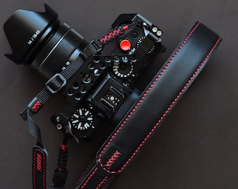 Leather Camera Strap, Black Red Strap, Custom Camera Strap, Mirrorless Camera