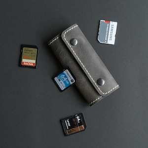 Porte-cartes SD en cuir, gris foncé, cadeau pour photographe