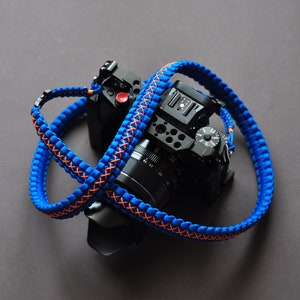 Blue Paracord Camera Strap, Orange pattern, Quick relaese, mirrorless camera, Nikon, Sony, Fujifilm, Canon