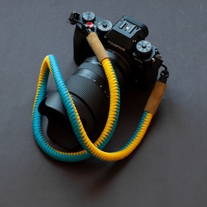 Paracord Camera Strap, Yellow /  Turquoise Strap, Handmade Rope Strap, Quick Release Kit